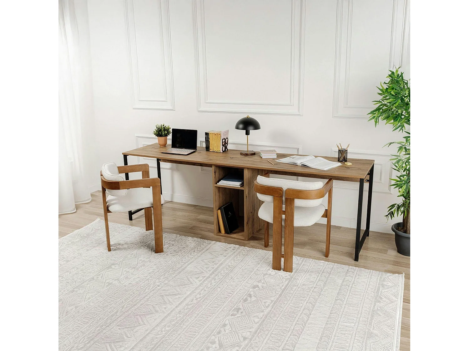 Bureau double avec rangement central - plateau effet pin MARFA