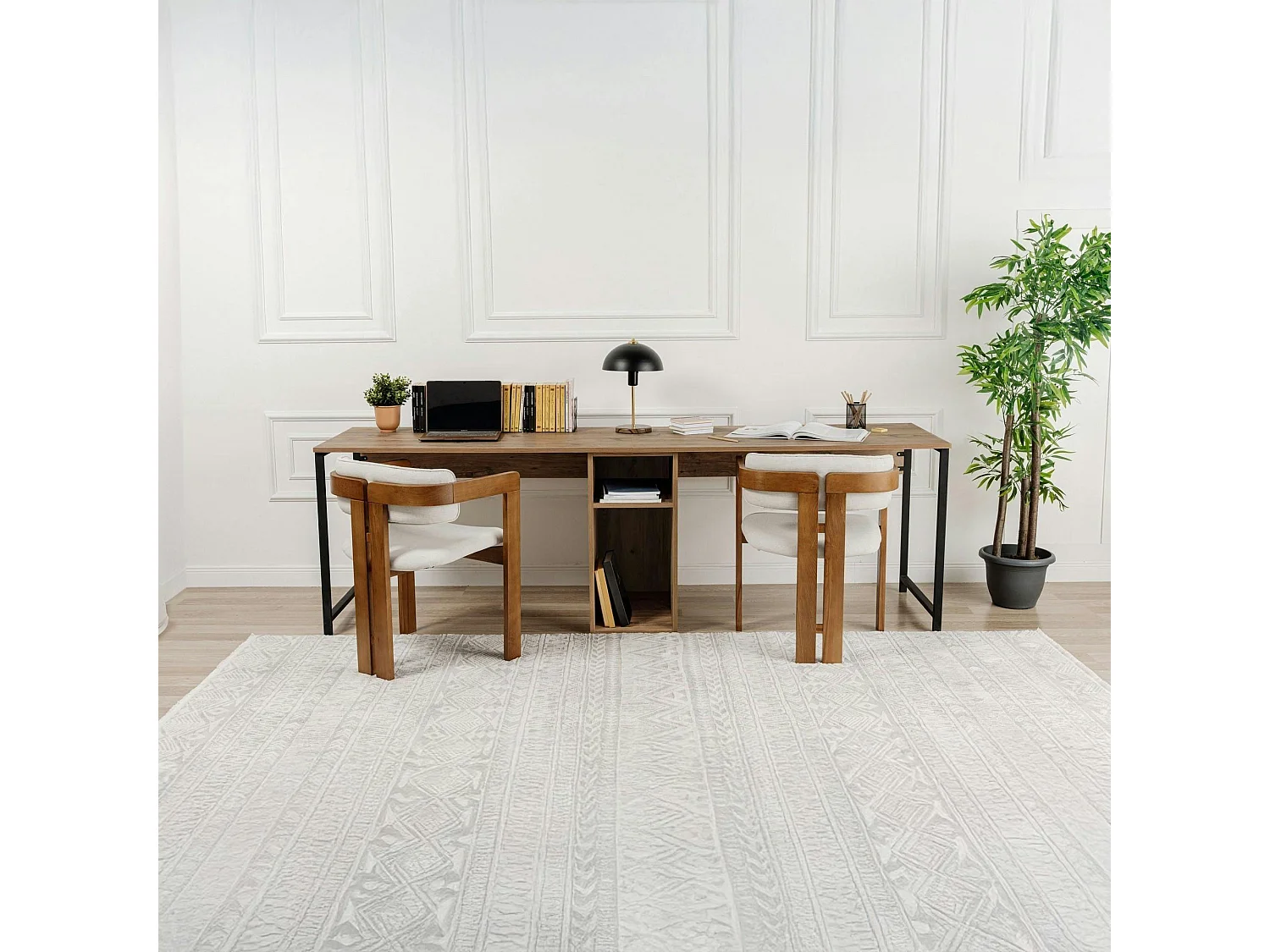 Bureau double avec rangement central - plateau effet pin MARFA