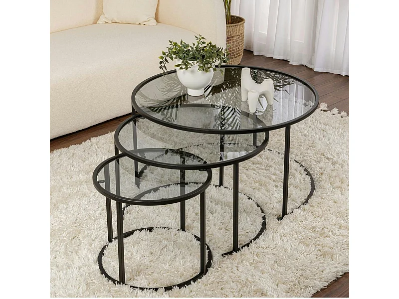Table gigogne verre fumé - cadre noir (lot de 3) ⌀80 cm TULUM