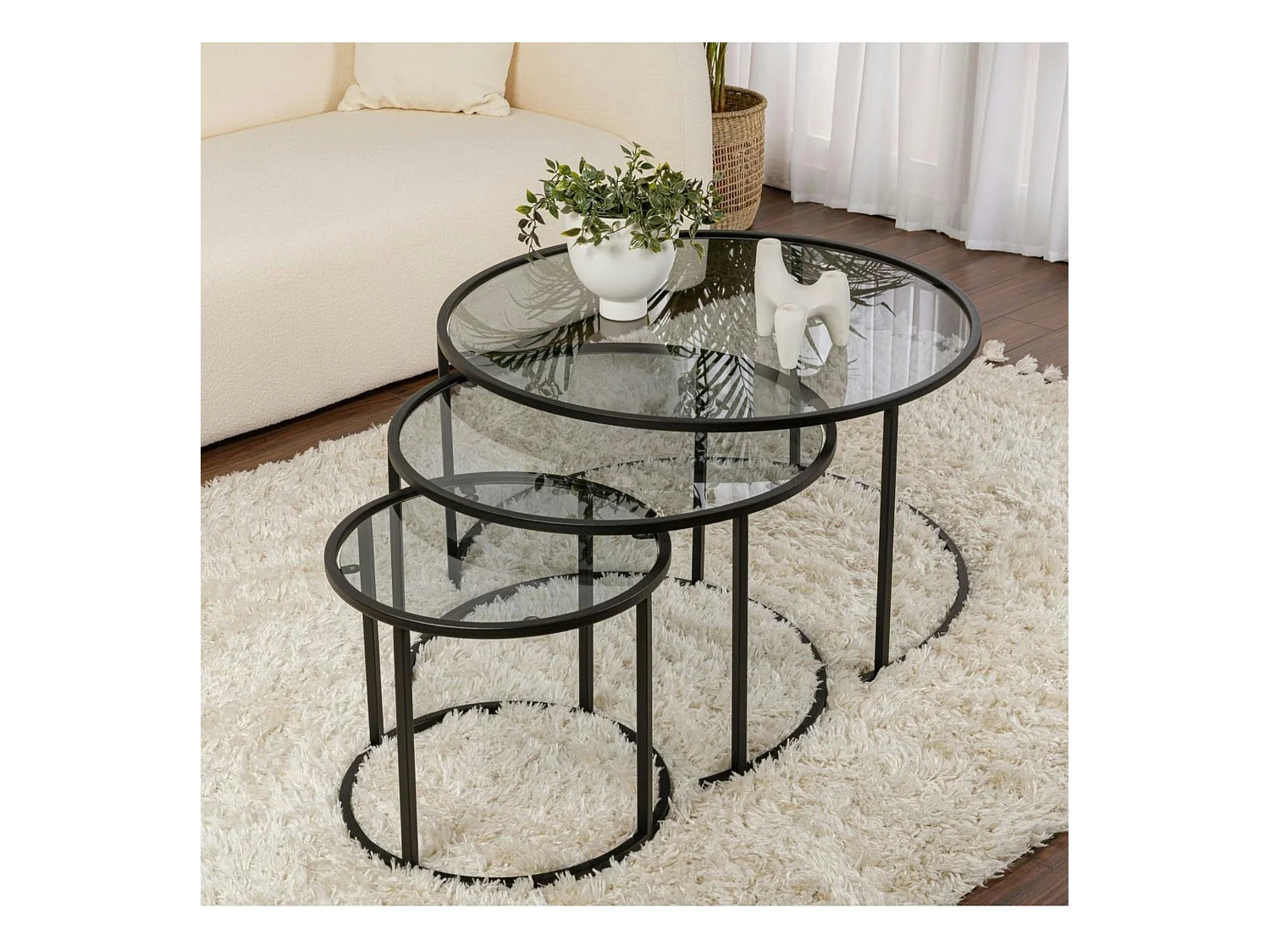 Table gigogne verre fumé - cadre noir (lot de 3) ⌀80 cm TULUM