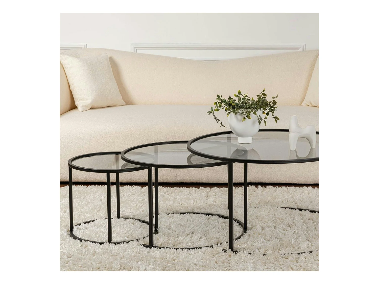 Table gigogne verre fumé - cadre noir (lot de 3) ⌀80 cm TULUM