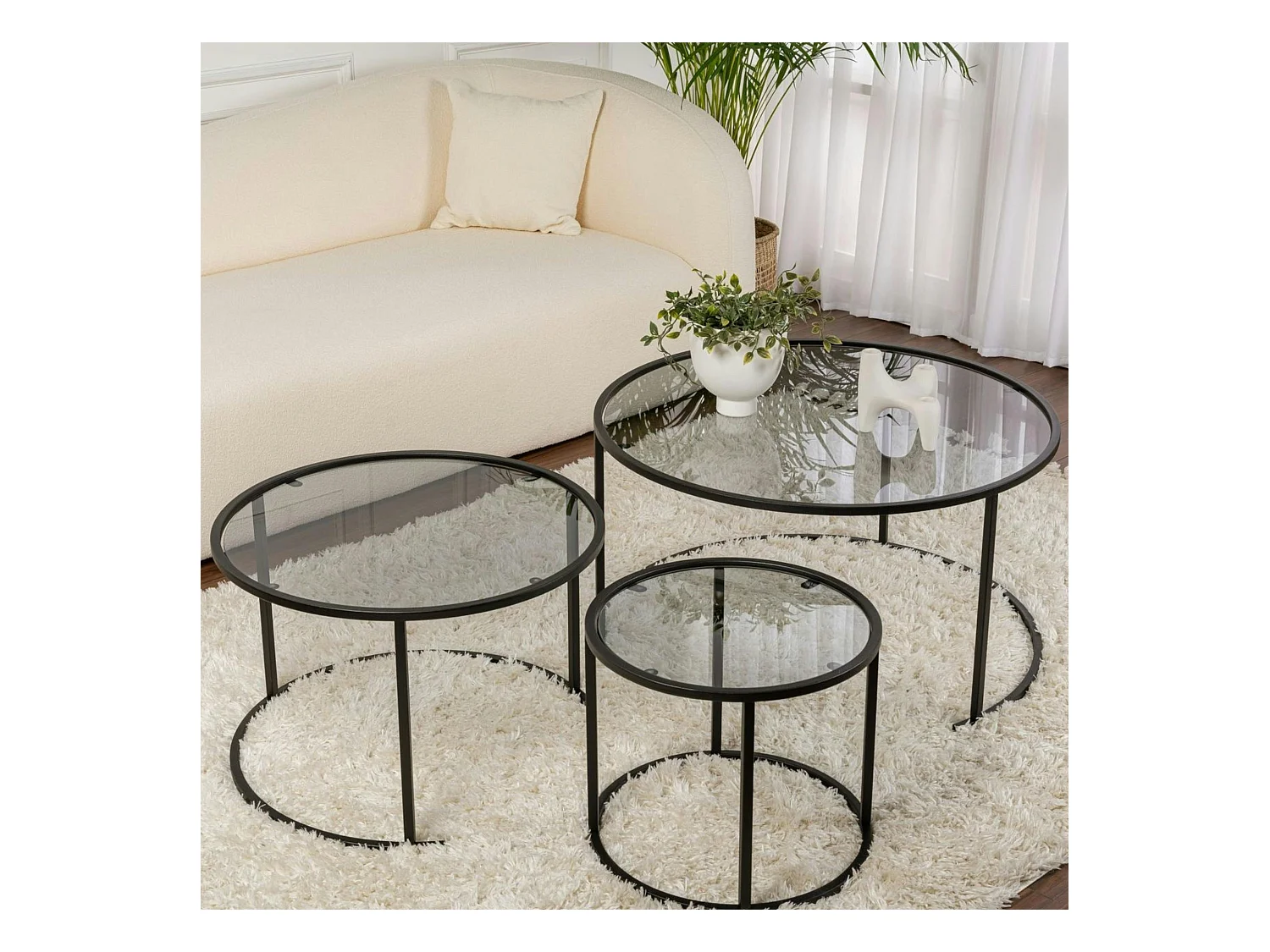 Table gigogne verre fumé - cadre noir (lot de 3) ⌀80 cm TULUM