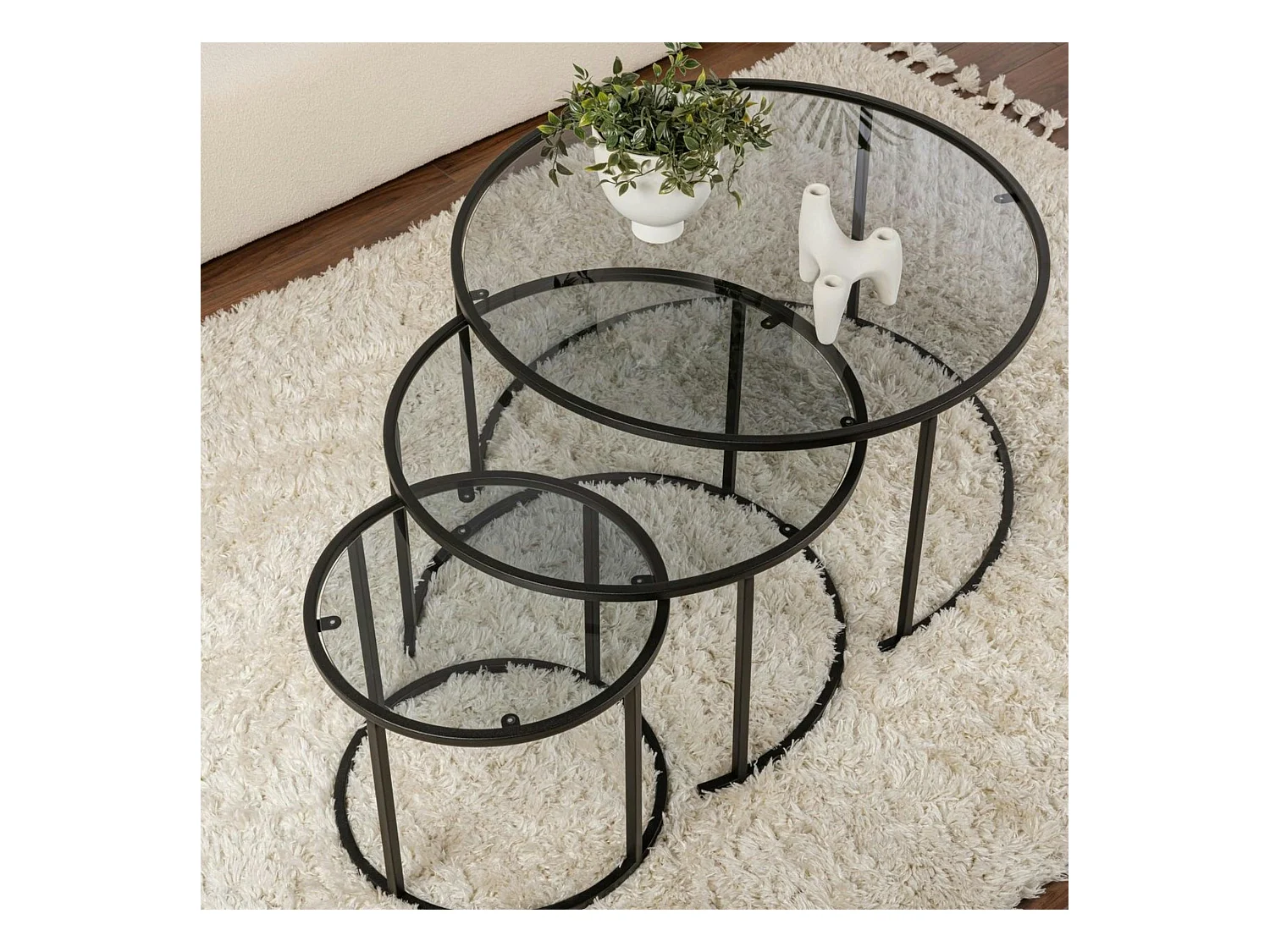 Table gigogne verre fumé - cadre noir (lot de 3) ⌀80 cm TULUM