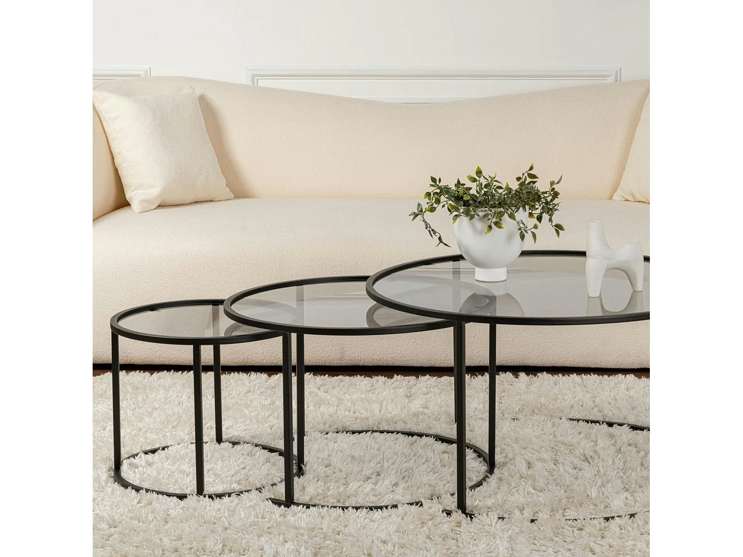 Table gigogne verre fumé - cadre noir (lot de 3) ⌀80 cm TULUM