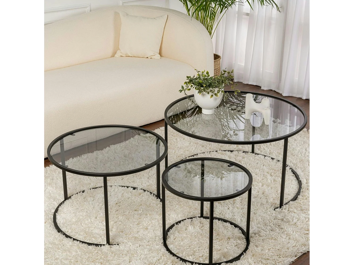Table gigogne verre fumé - cadre noir (lot de 3) ⌀80 cm TULUM