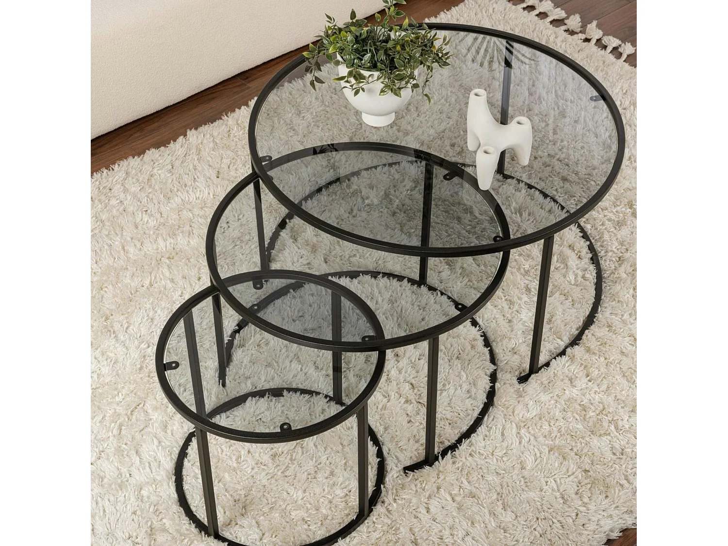Table gigogne verre fumé - cadre noir (lot de 3) ⌀80 cm TULUM