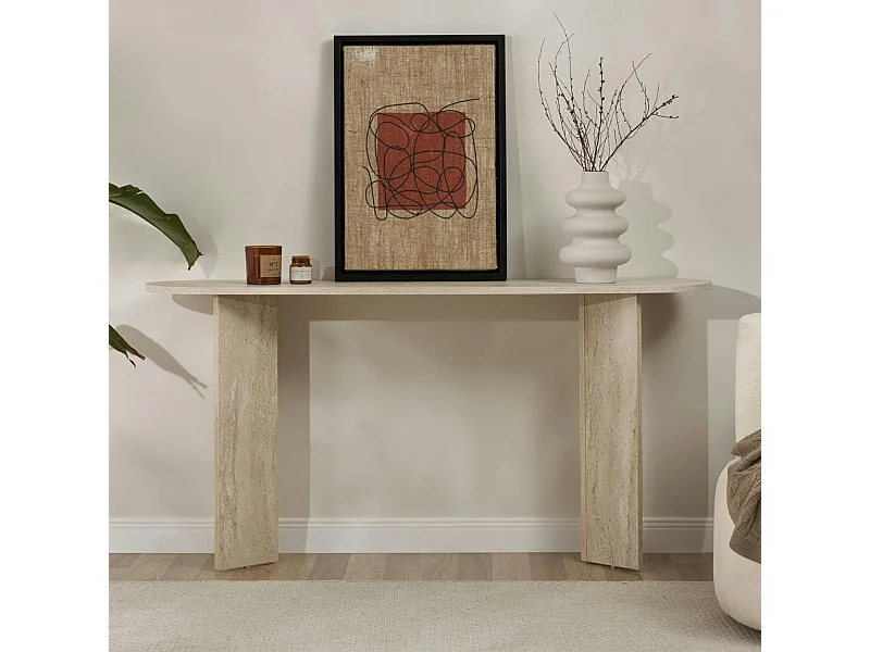 Console de salon ovale effet travertin - pieds en V MARFA