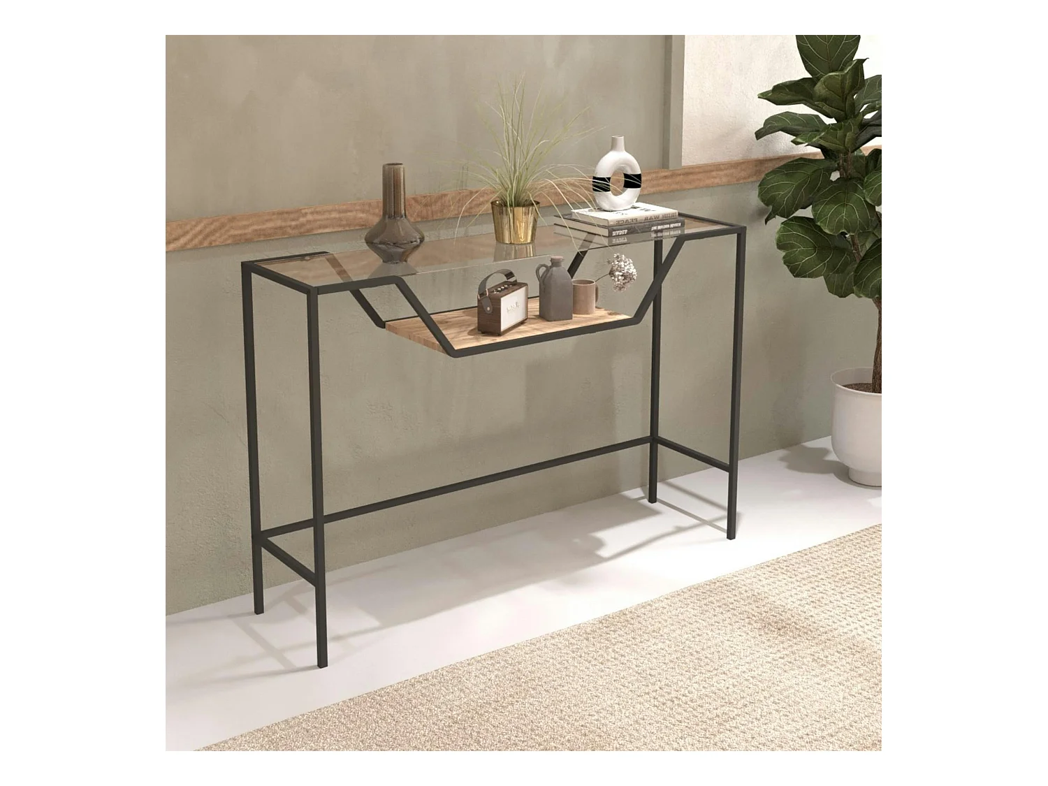 Console d'entrée design - métal noir & verre TULUM