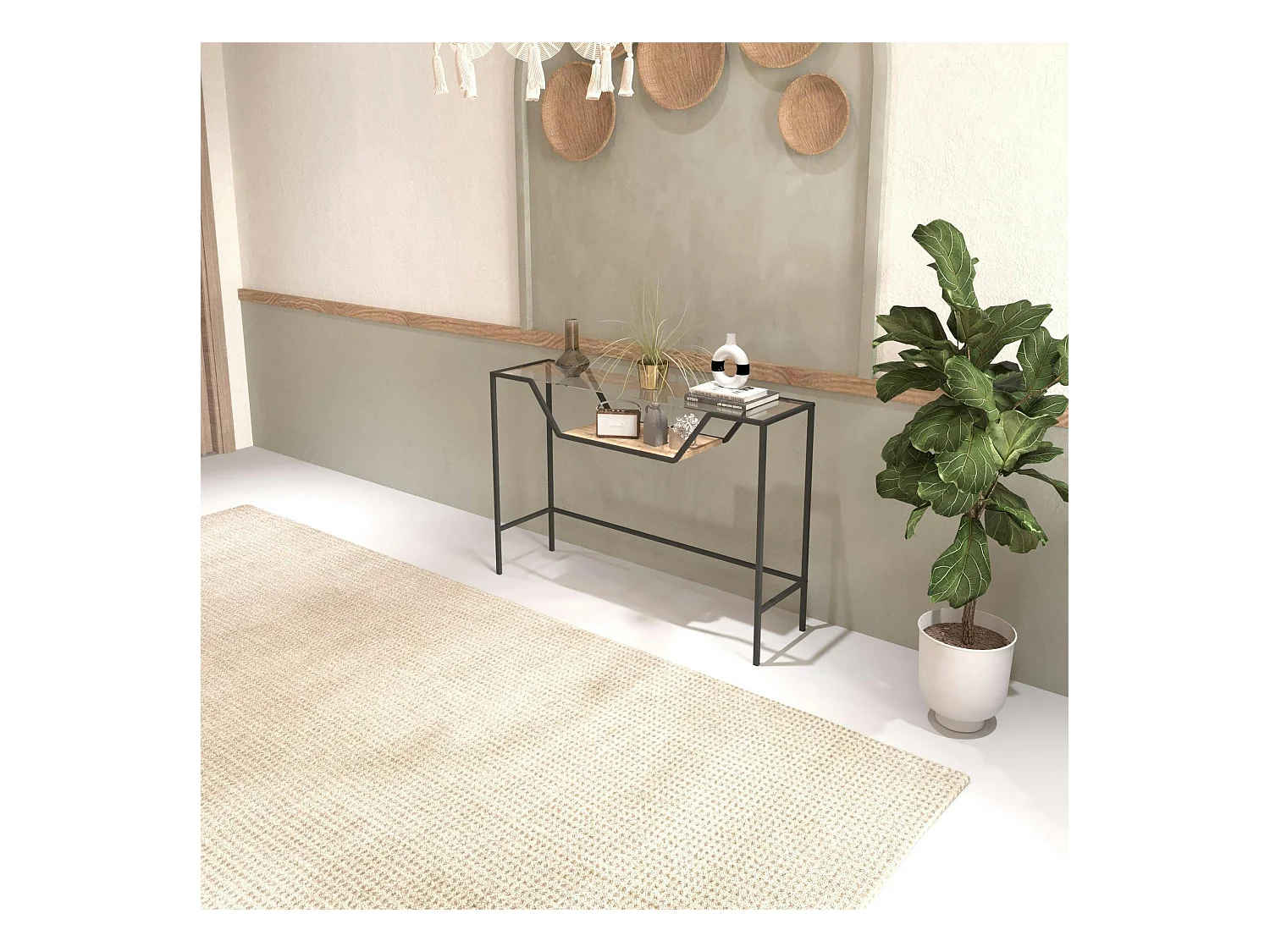 Console d'entrée design - métal noir & verre TULUM