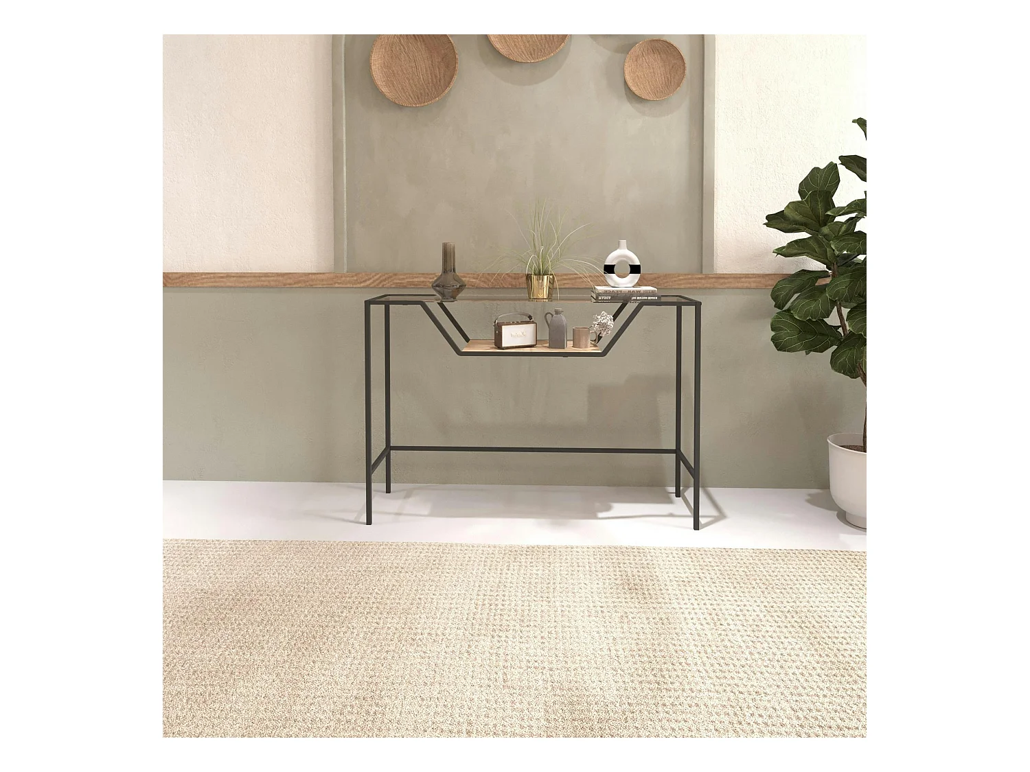 Console d'entrée design - métal noir & verre TULUM