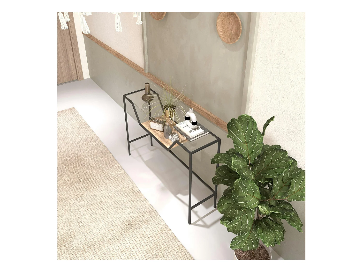 Console d'entrée design - métal noir & verre TULUM