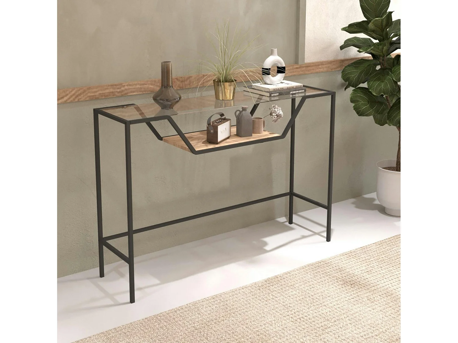 Console d'entrée design - métal noir & verre TULUM