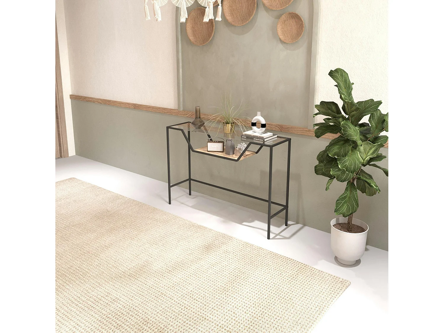 Console d'entrée design - métal noir & verre TULUM