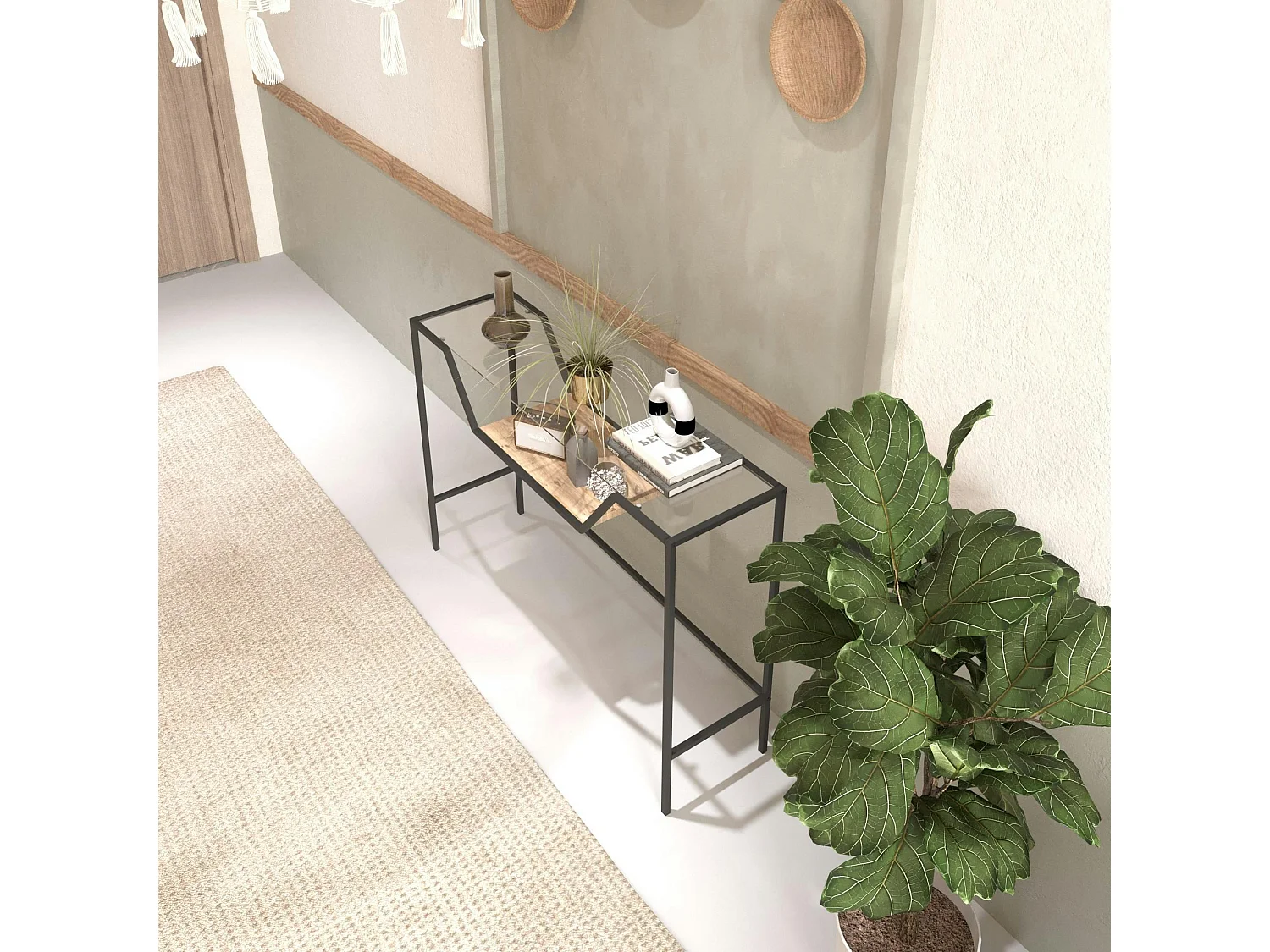 Console d'entrée design - métal noir & verre TULUM