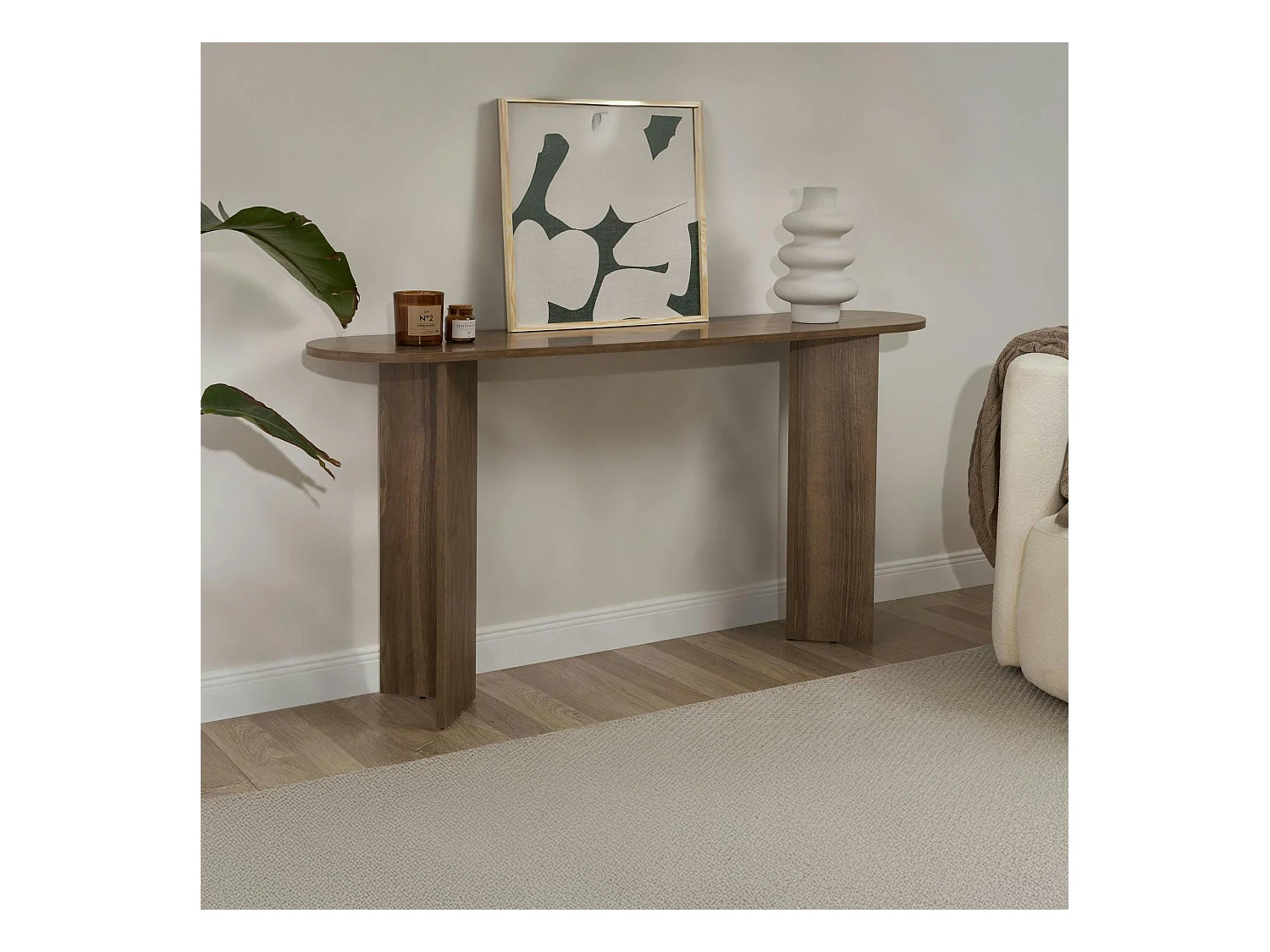 Console de salon ovale effet noyer foncé - pieds en V MARFA