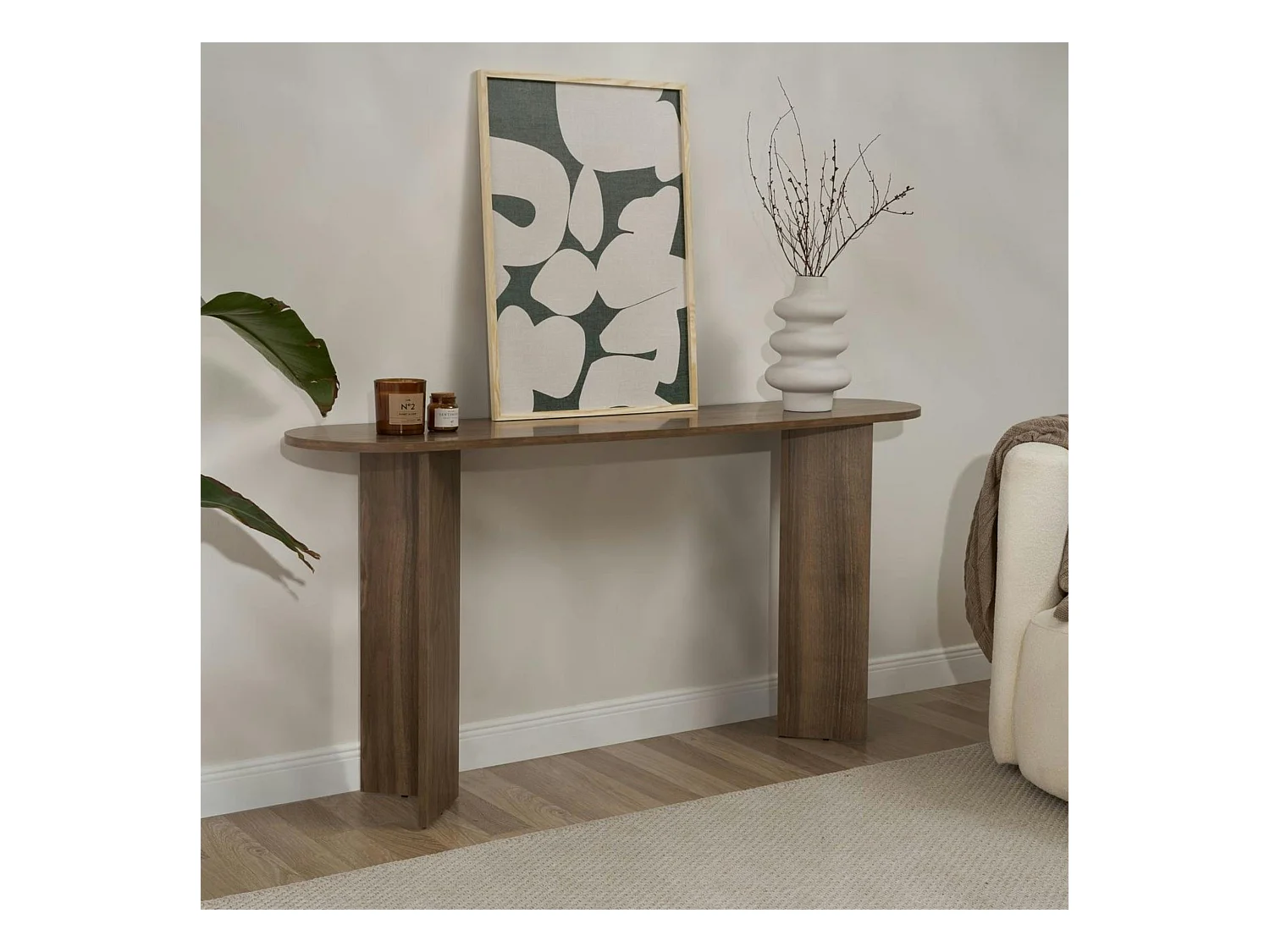 Console de salon ovale effet noyer foncé - pieds en V MARFA