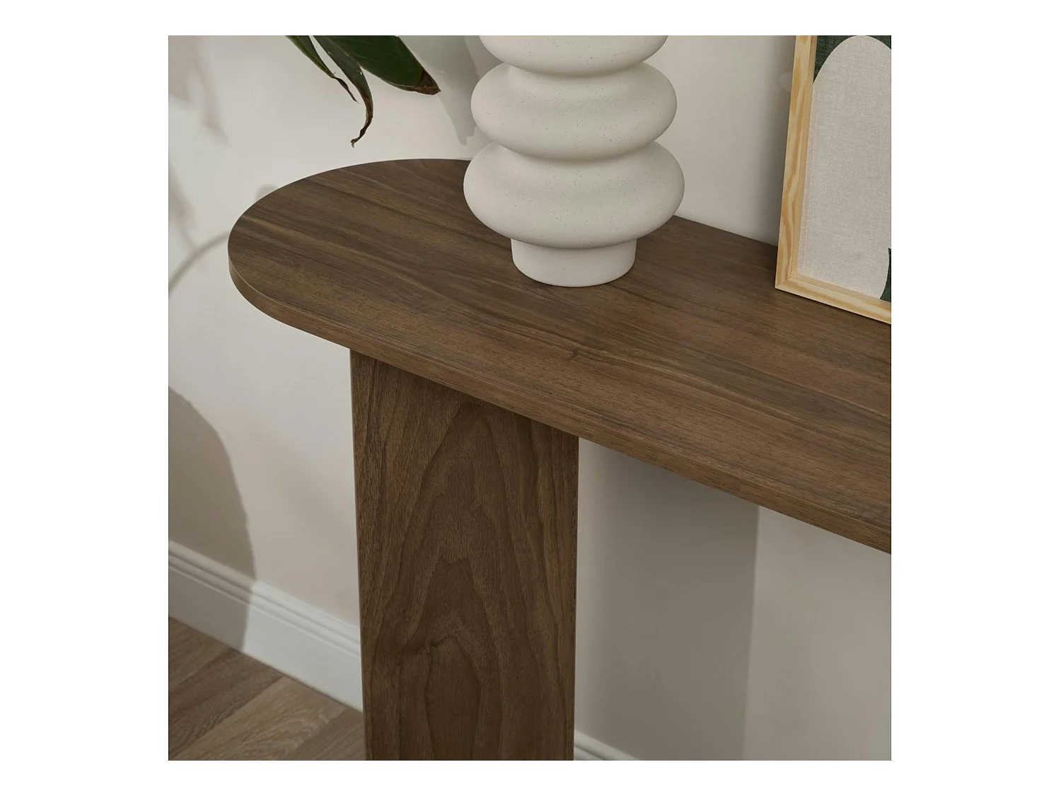 Console de salon ovale effet noyer foncé - pieds en V MARFA