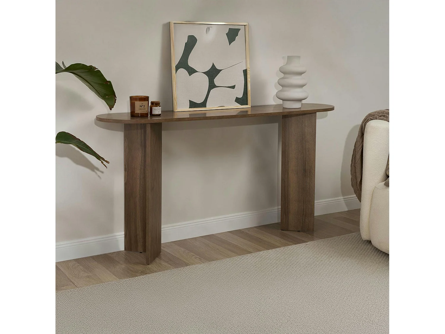 Console de salon ovale effet noyer foncé - pieds en V MARFA