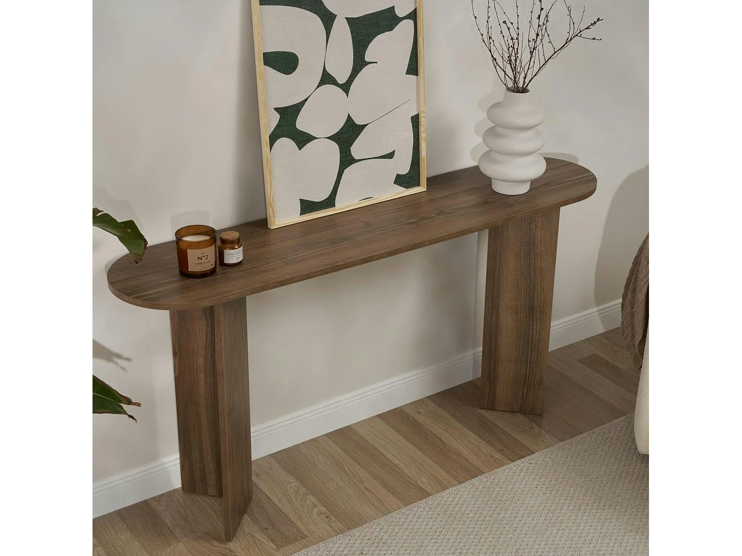 Console de salon ovale effet noyer foncé - pieds en V MARFA