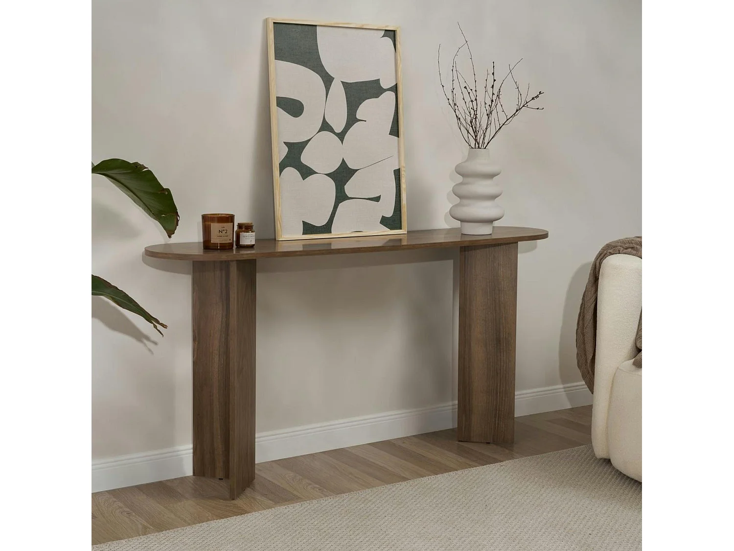 Console de salon ovale effet noyer foncé - pieds en V MARFA