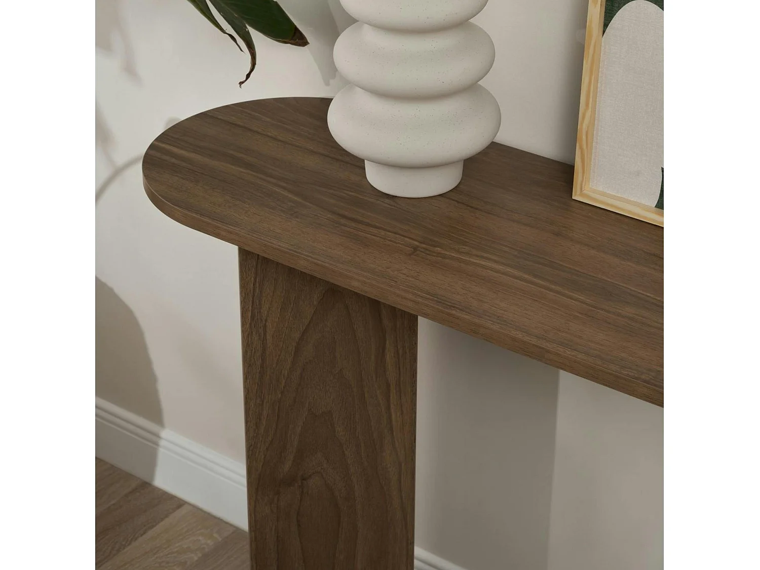 Console de salon ovale effet noyer foncé - pieds en V MARFA