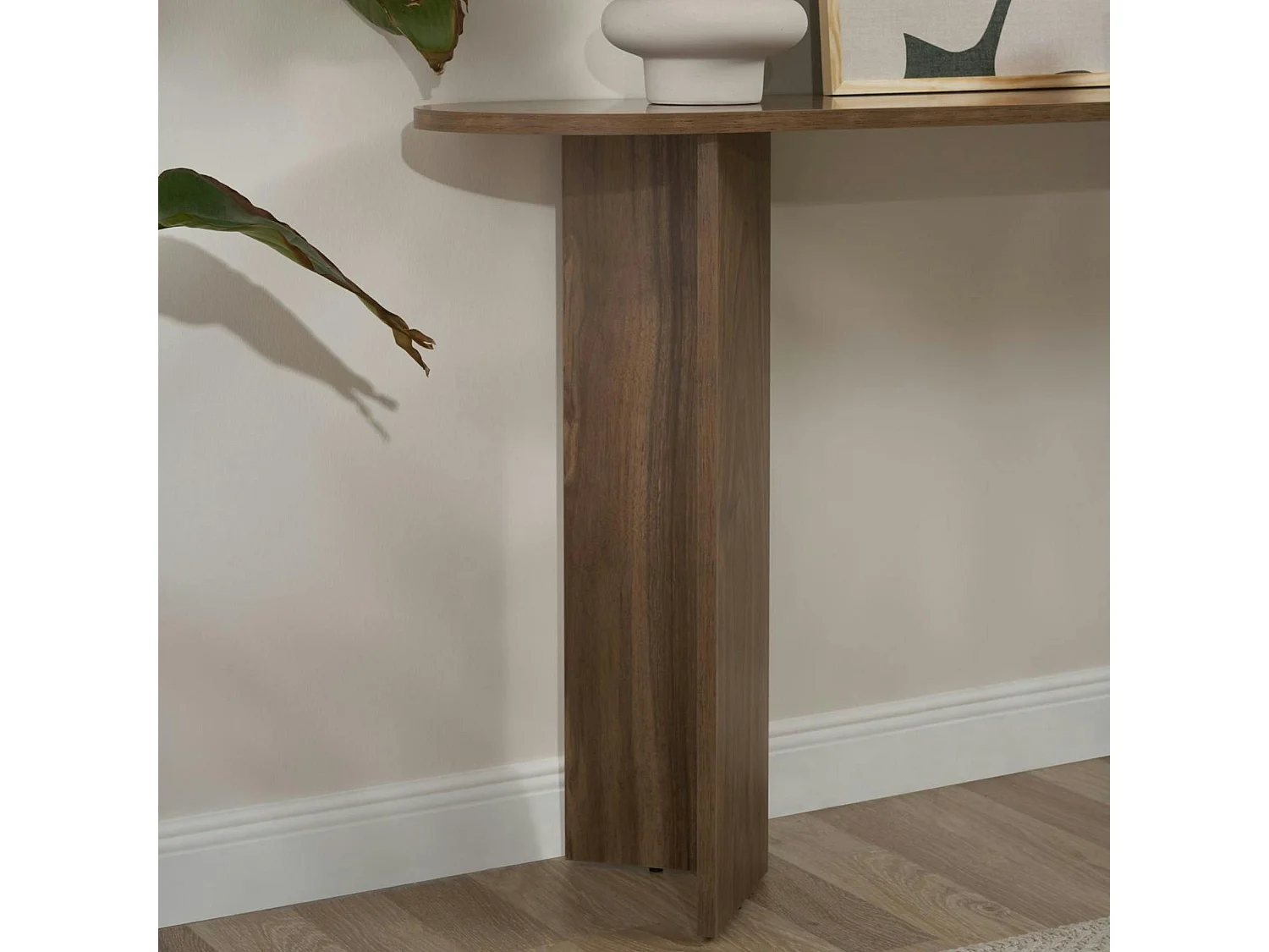 Console de salon ovale effet noyer foncé - pieds en V MARFA