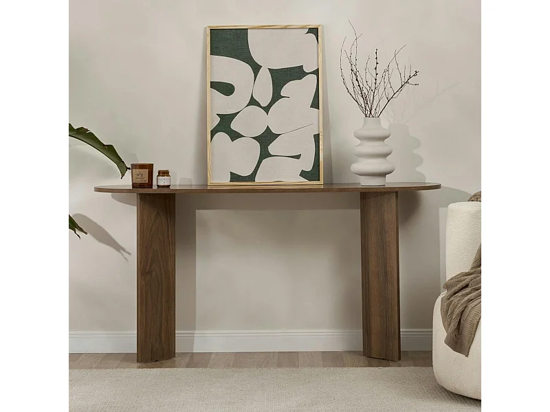 Console de salon ovale effet noyer foncé - pieds en V MARFA