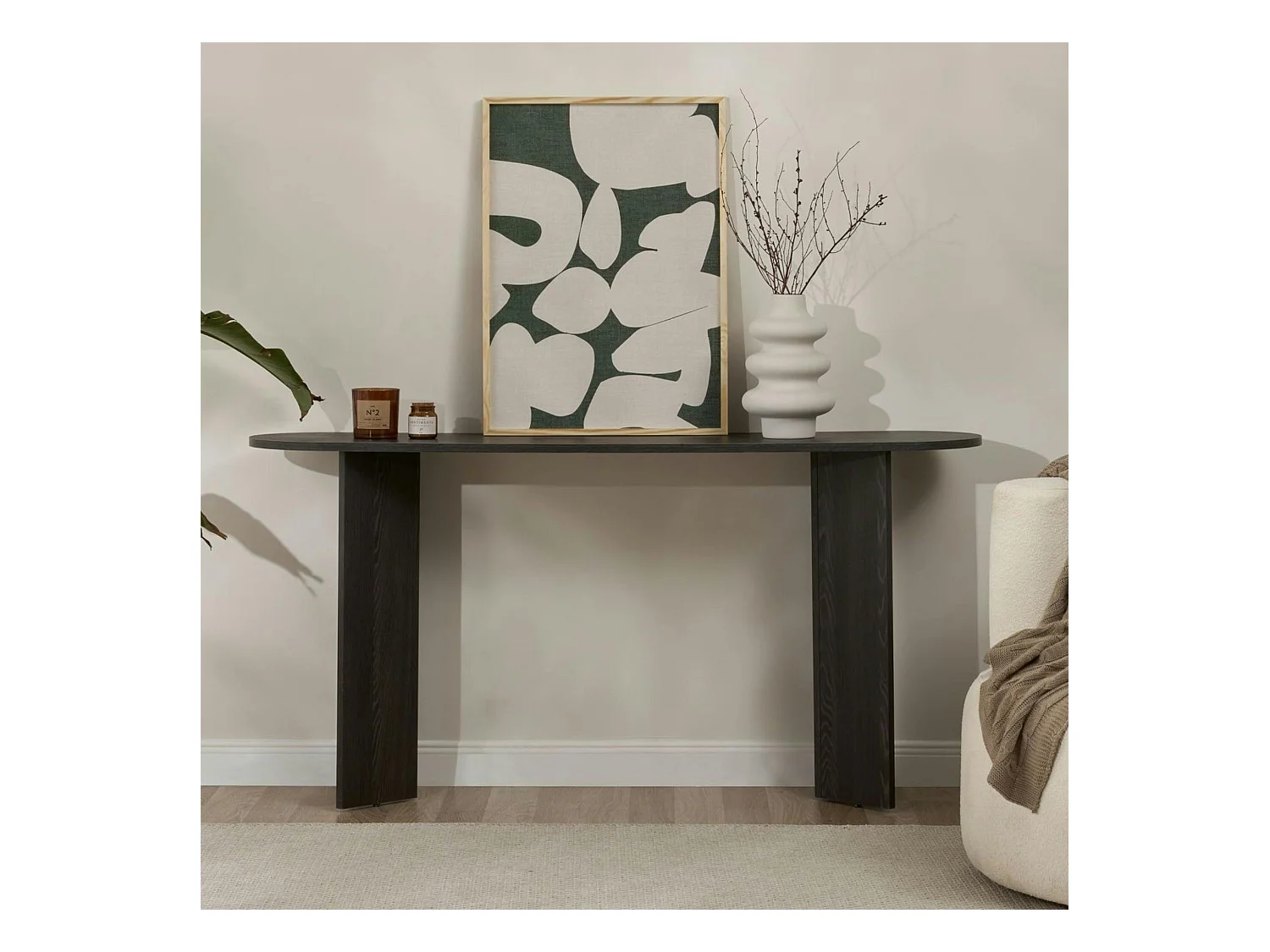 Console de salon noire ovale - pieds en V, effet bois MARFA