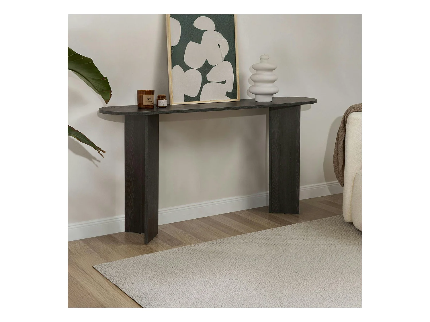 Console de salon noire ovale - pieds en V, effet bois MARFA