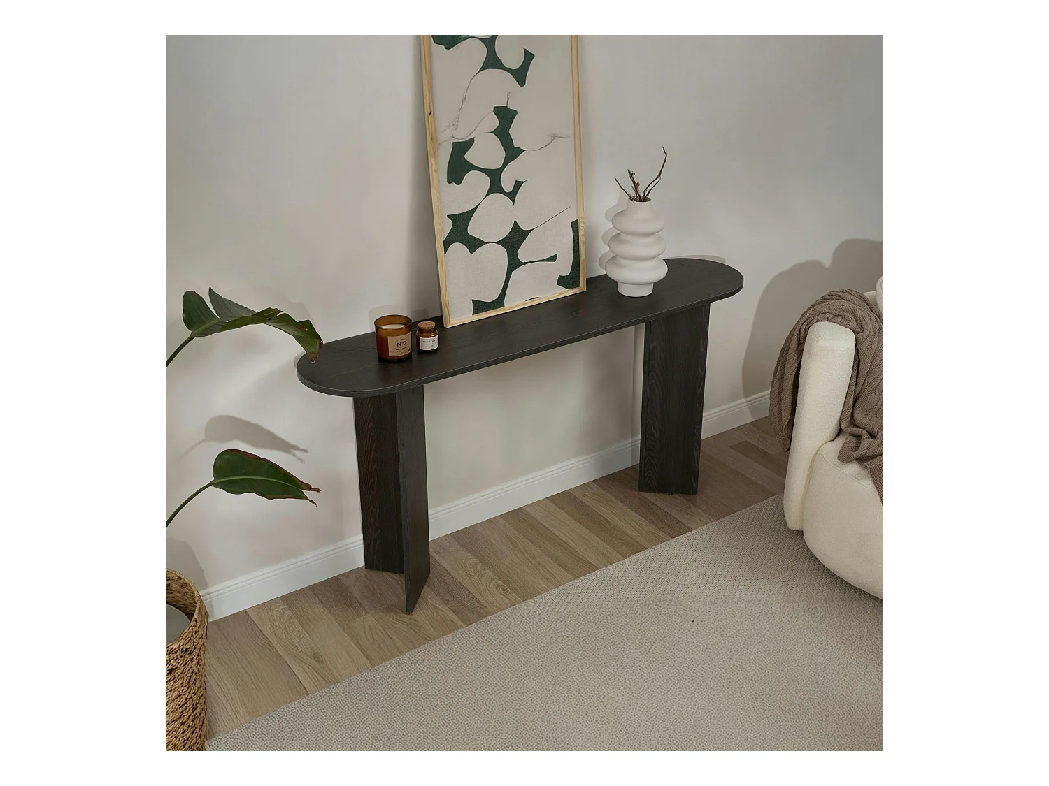 Console de salon noire ovale - pieds en V, effet bois MARFA