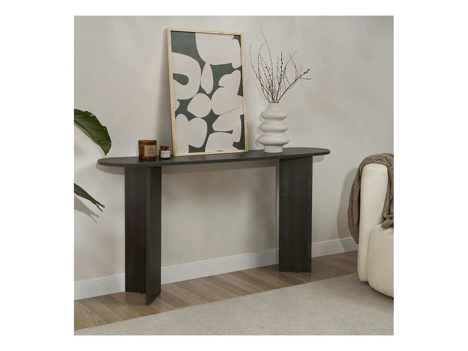 Console de salon noire ovale - pieds en V, effet bois MARFA