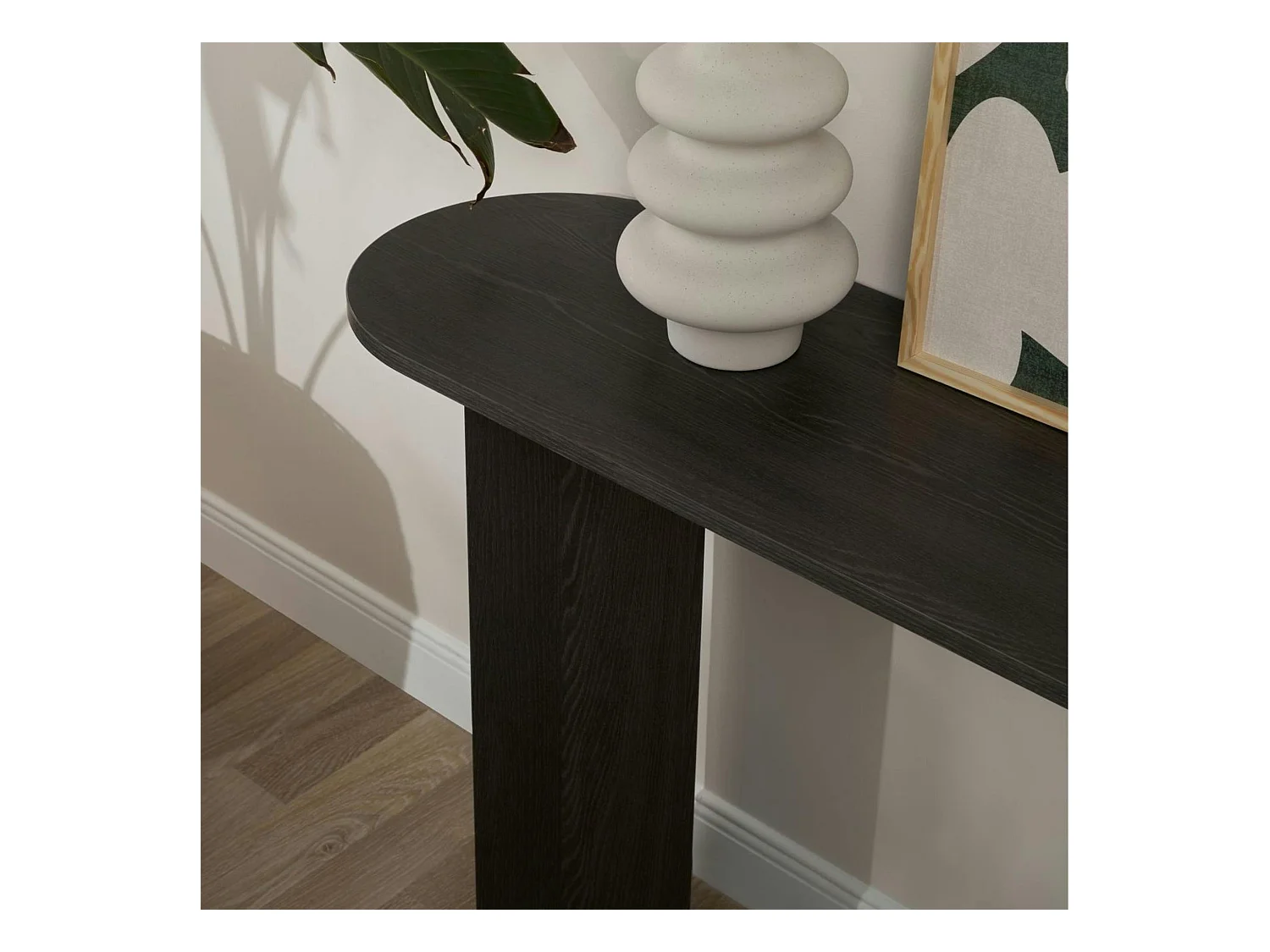 Console de salon noire ovale - pieds en V, effet bois MARFA