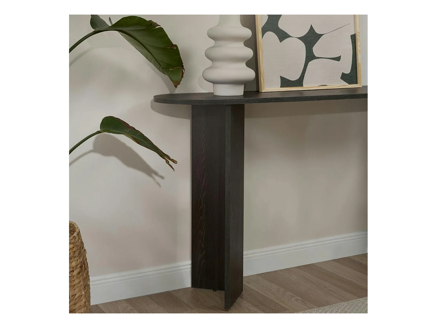 Console de salon noire ovale - pieds en V, effet bois MARFA