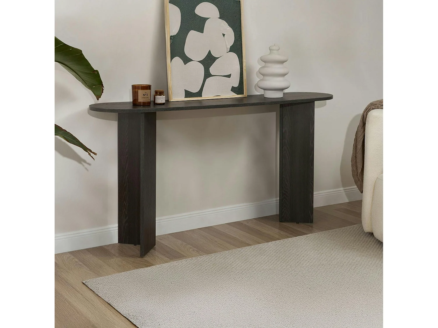 Console de salon noire ovale - pieds en V, effet bois MARFA