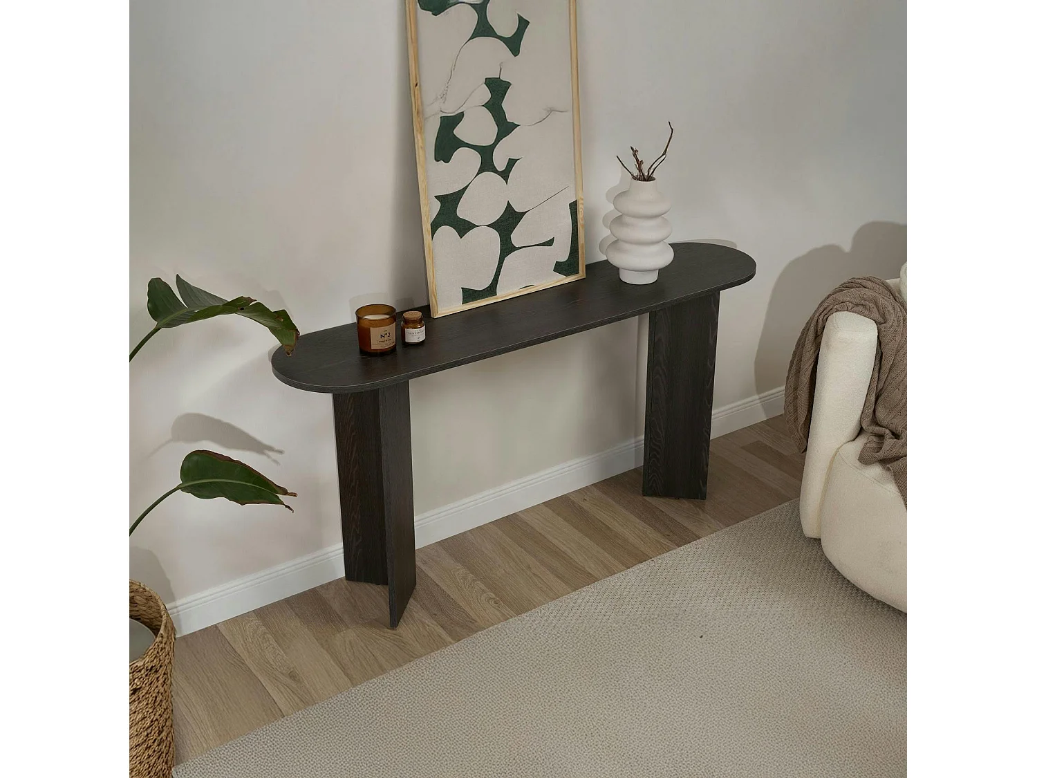 Console de salon noire ovale - pieds en V, effet bois MARFA