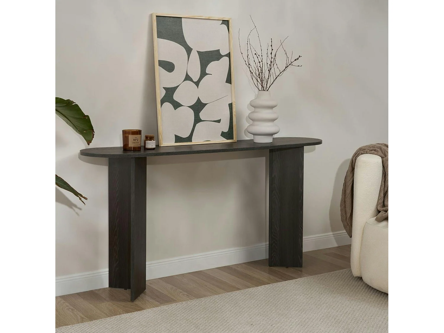 Console de salon noire ovale - pieds en V, effet bois MARFA