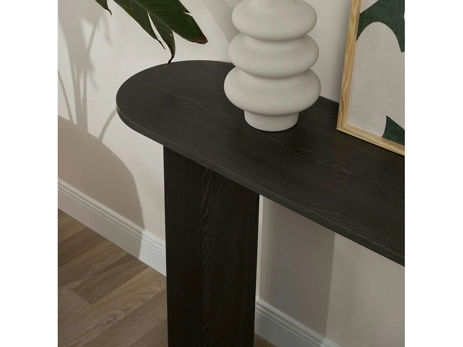 Console de salon noire ovale - pieds en V, effet bois MARFA