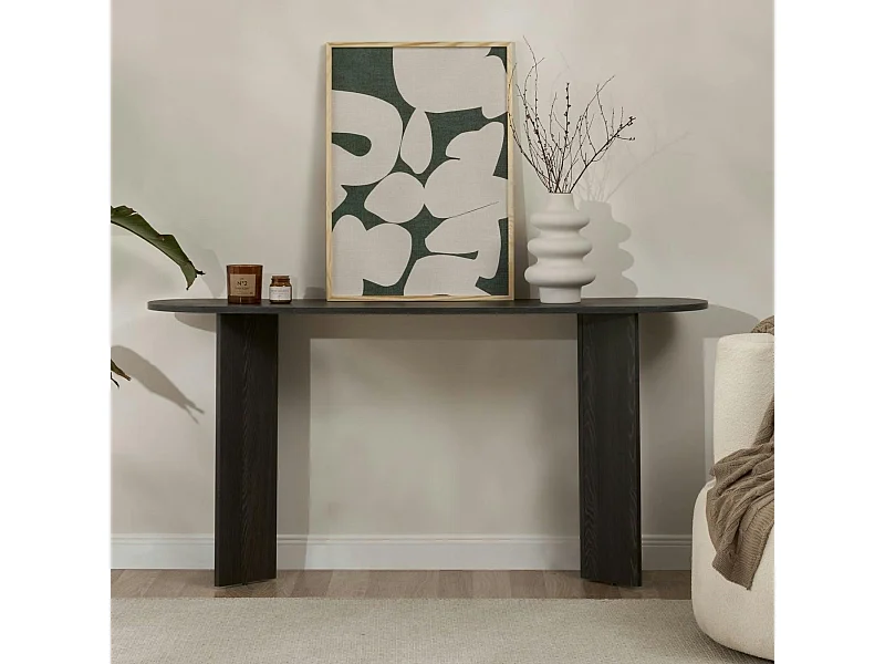 Console de salon noire ovale - pieds en V, effet bois MARFA