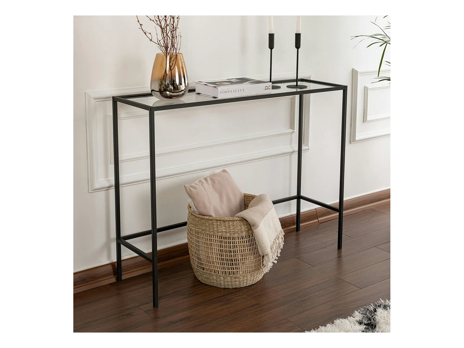 Console d'entrée design en verre et métal noir TULUM