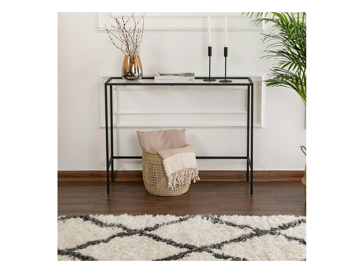 Console d'entrée design en verre et métal noir TULUM