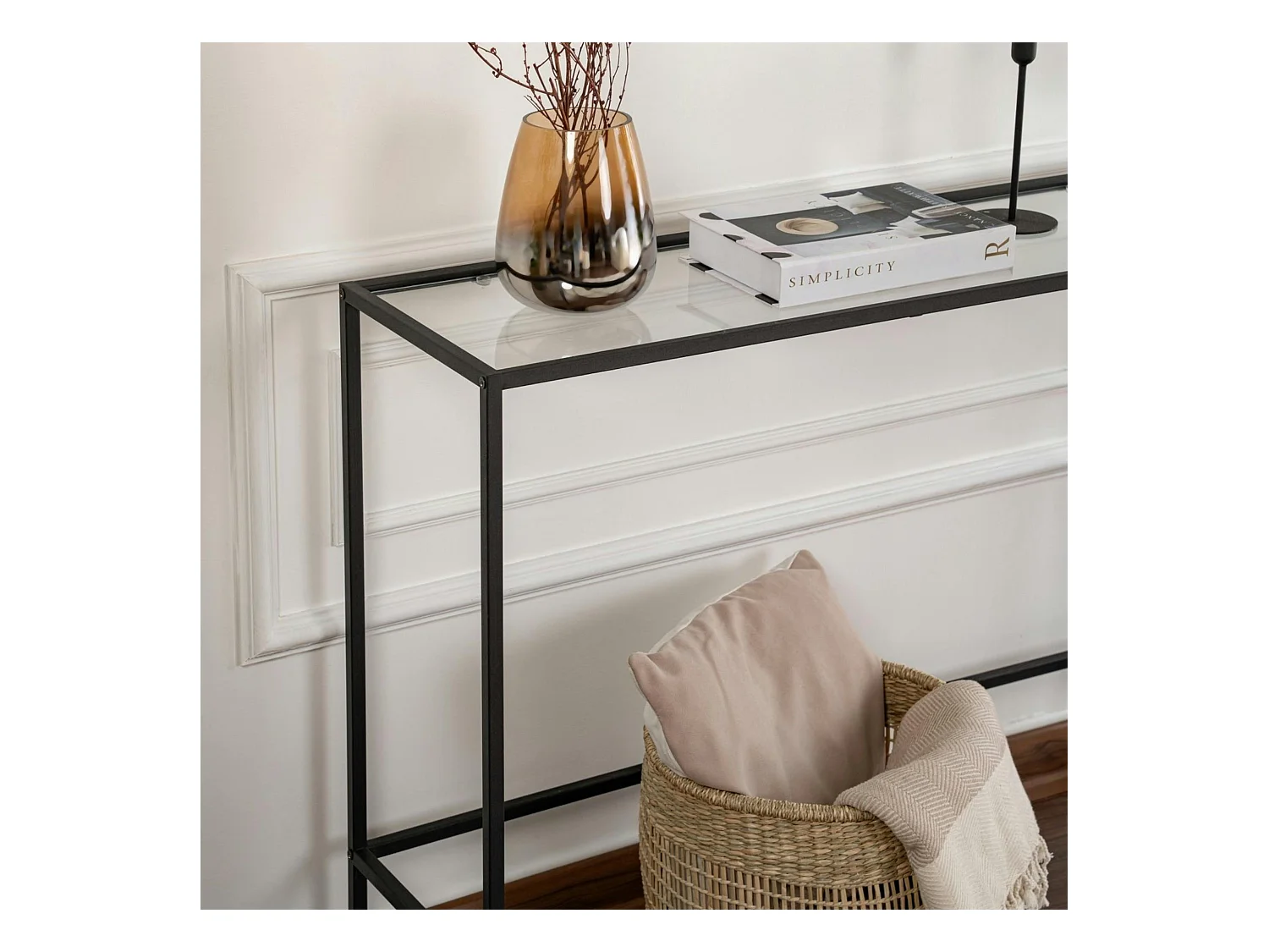 Console d'entrée design en verre et métal noir TULUM