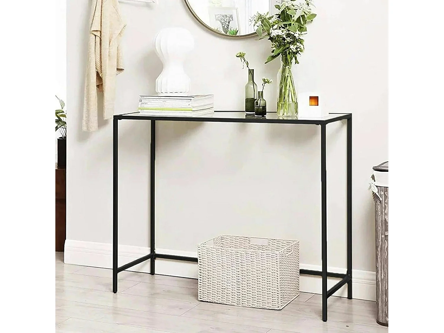 Console d'entrée design en verre et métal noir TULUM