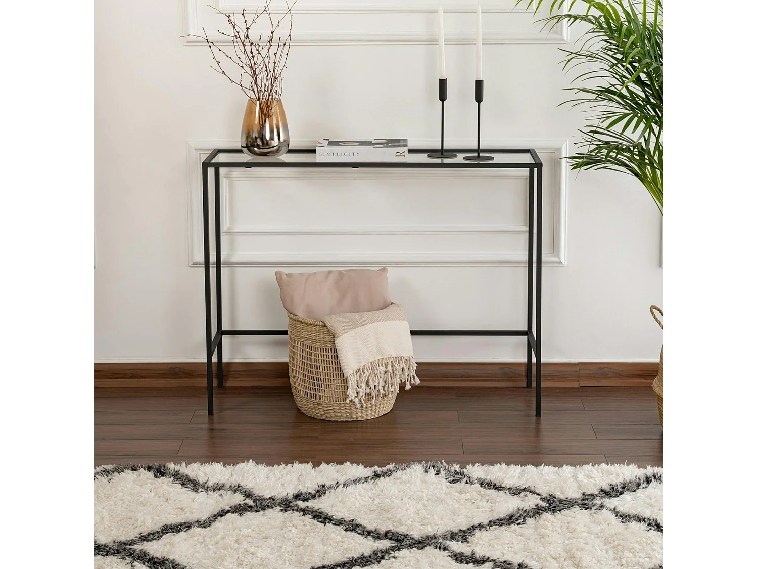 Console d'entrée design en verre et métal noir TULUM