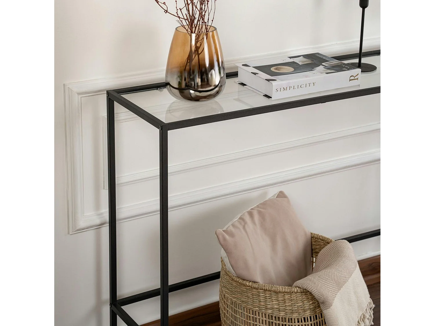 Console d'entrée design en verre et métal noir TULUM