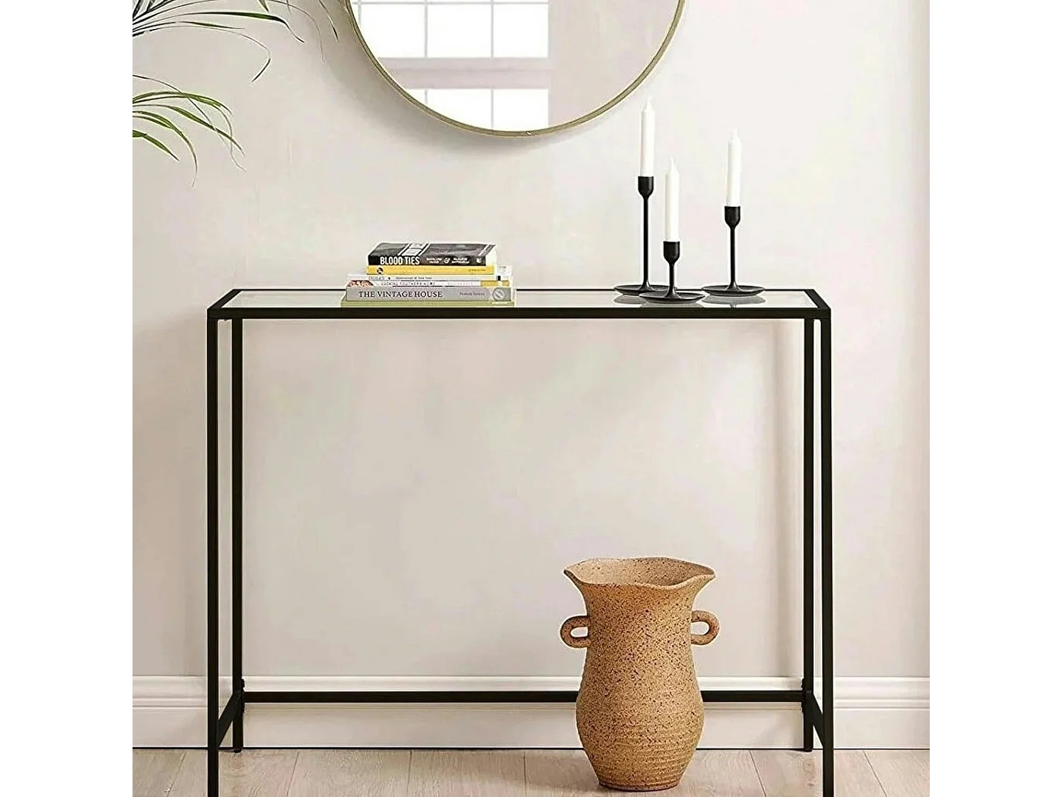 Console d'entrée design en verre et métal noir TULUM