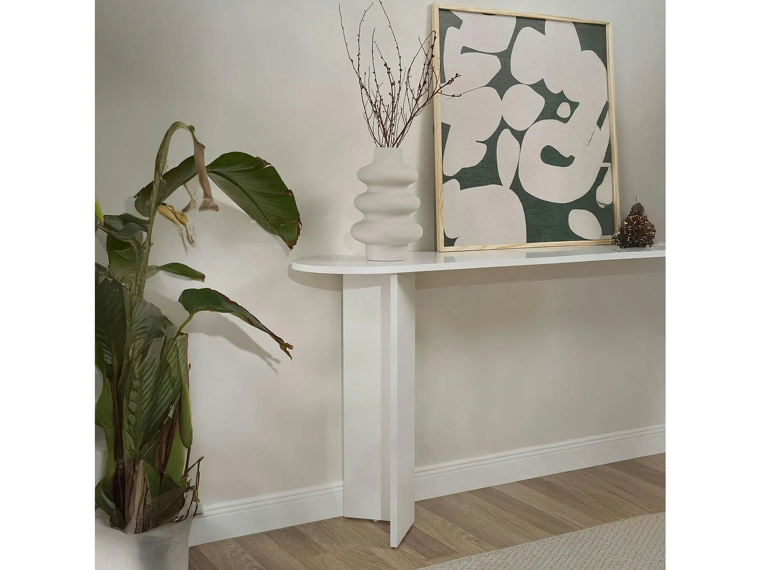Console de salon blanche effet laqué - pieds en V MARFA