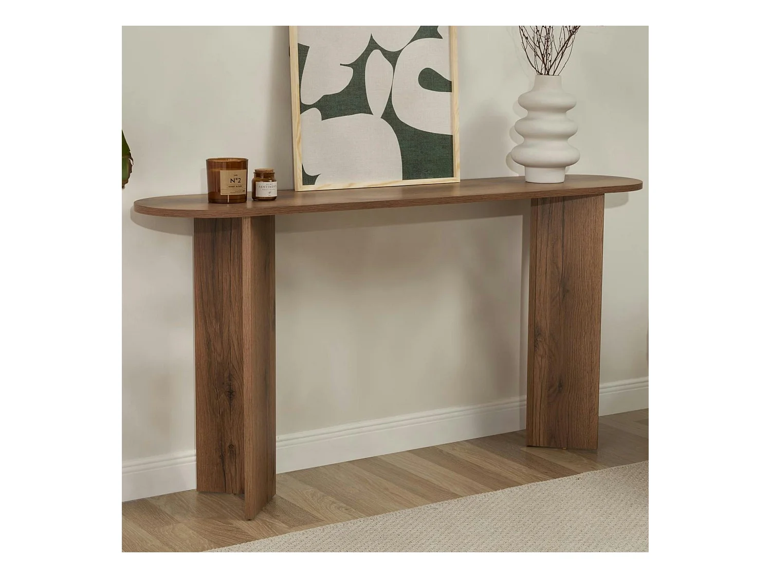 Console de salon ovale effet noyer clair - pieds en V MARFA