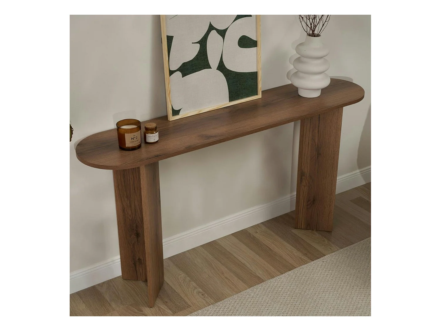 Console de salon ovale effet noyer clair - pieds en V MARFA