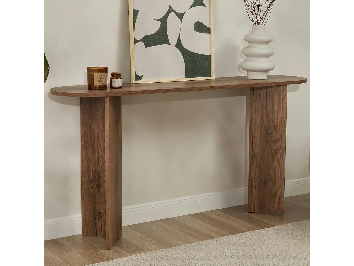 Console de salon ovale effet noyer clair - pieds en V MARFA