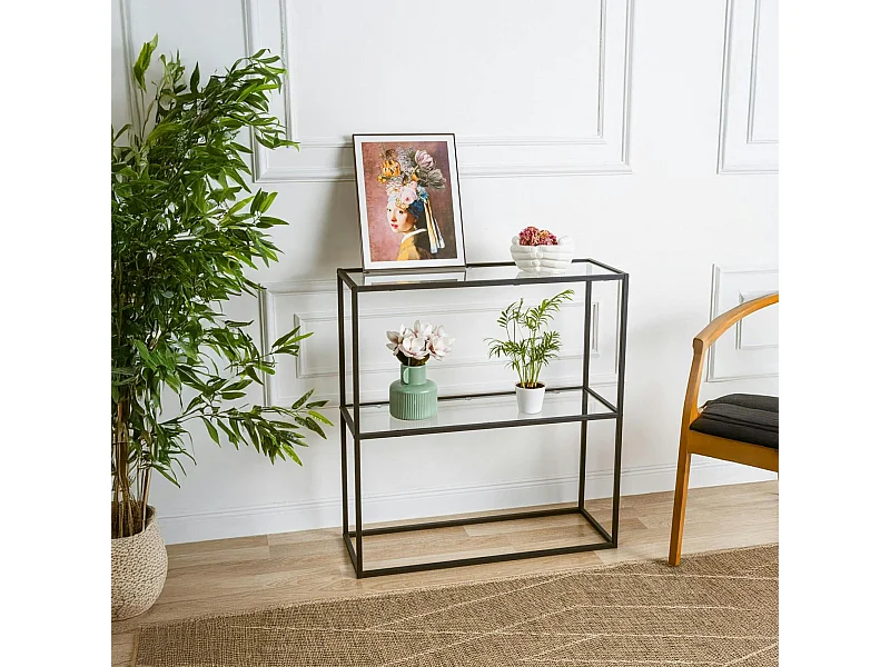 Console d'entrée en métal noir - 2 plateaux verre JENA